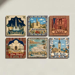 May include: A set of six square decorative tiles featuring illustrations of Dubai, Jerusalem, Petra, Abu Dhabi, the Dead Sea, and Tel Aviv. Each tile displays a landmark, a banner with the city name, and intricate border patterns in various colors.