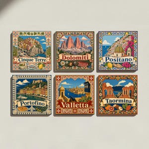 May include: A set of six square decorative tiles featuring colourful illustrations of Italian and Maltese locations. Each tile displays a landmark scene with the name Cinque Terre, Dolomiti, Positano, Portofino, Valletta, or Taormina printed below.