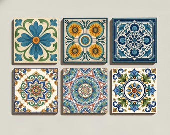 Lot de 6 dessous de verre en céramique italienne Majolique – Dessous de verre à motifs floraux bleus, dorés et verts – Cadeau de pendaison de crémaillère