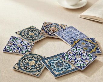 Lisbon Azulejo Ceramic Coaster Set – Portuguese Tile Coasters Inspired by Historic Lisbon Architecture & Decor