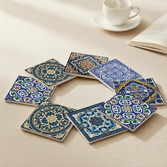 Lisbon Azulejo Ceramic Coaster Set – Portuguese Tile Coasters Inspired by Historic Lisbon Architecture & Decor