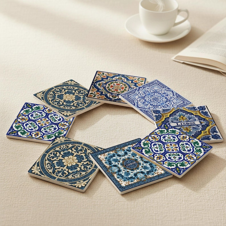 Lisbon azulejo ceramic tile coasters with dense blue and white Portuguese ornamental patterns