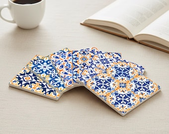 Portuguese Azulejo Ceramic Coaster Set – Blue Tile Coasters for Table Decor & Home Decor