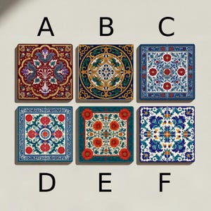 May include: Six square decorative tiles with detailed floral and geometric designs. The tiles display a range of colours, including red, blue, green, and gold. Each tile has a unique pattern, with some featuring symmetrical floral arrangements and others showcasing circular designs.
