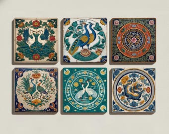 Asian Ceramic Coaster Set – Crane, Dragon, Peacock Tile Decor