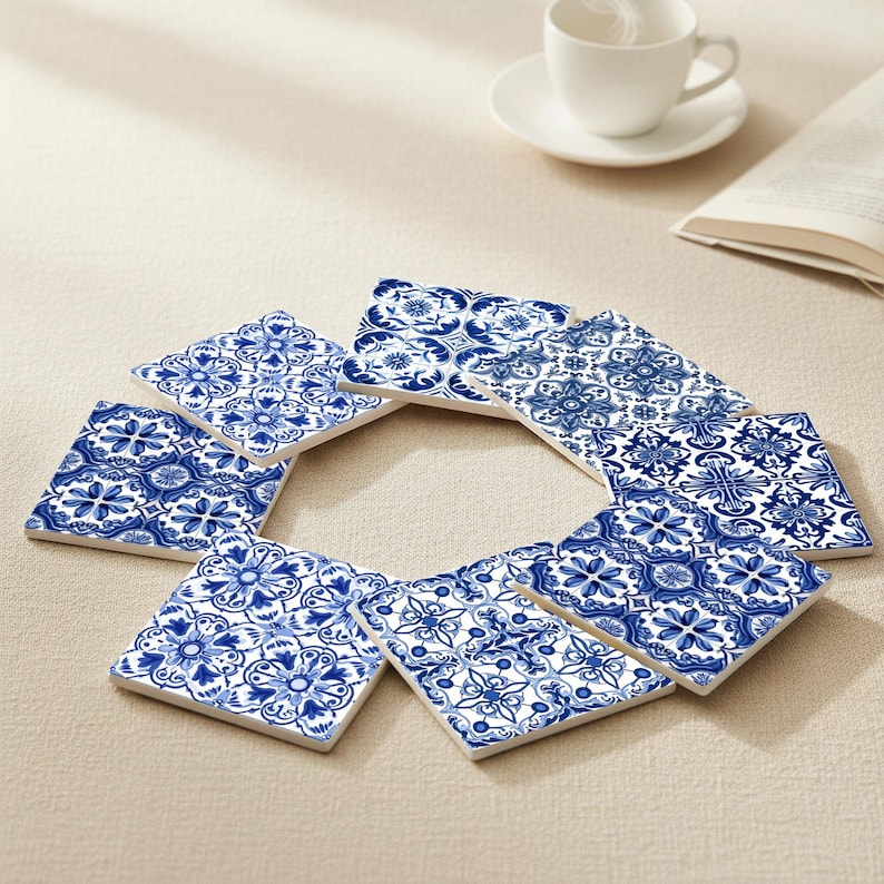 Classic table decor with blue and white ceramic coasters reflecting historic Portuguese tilework