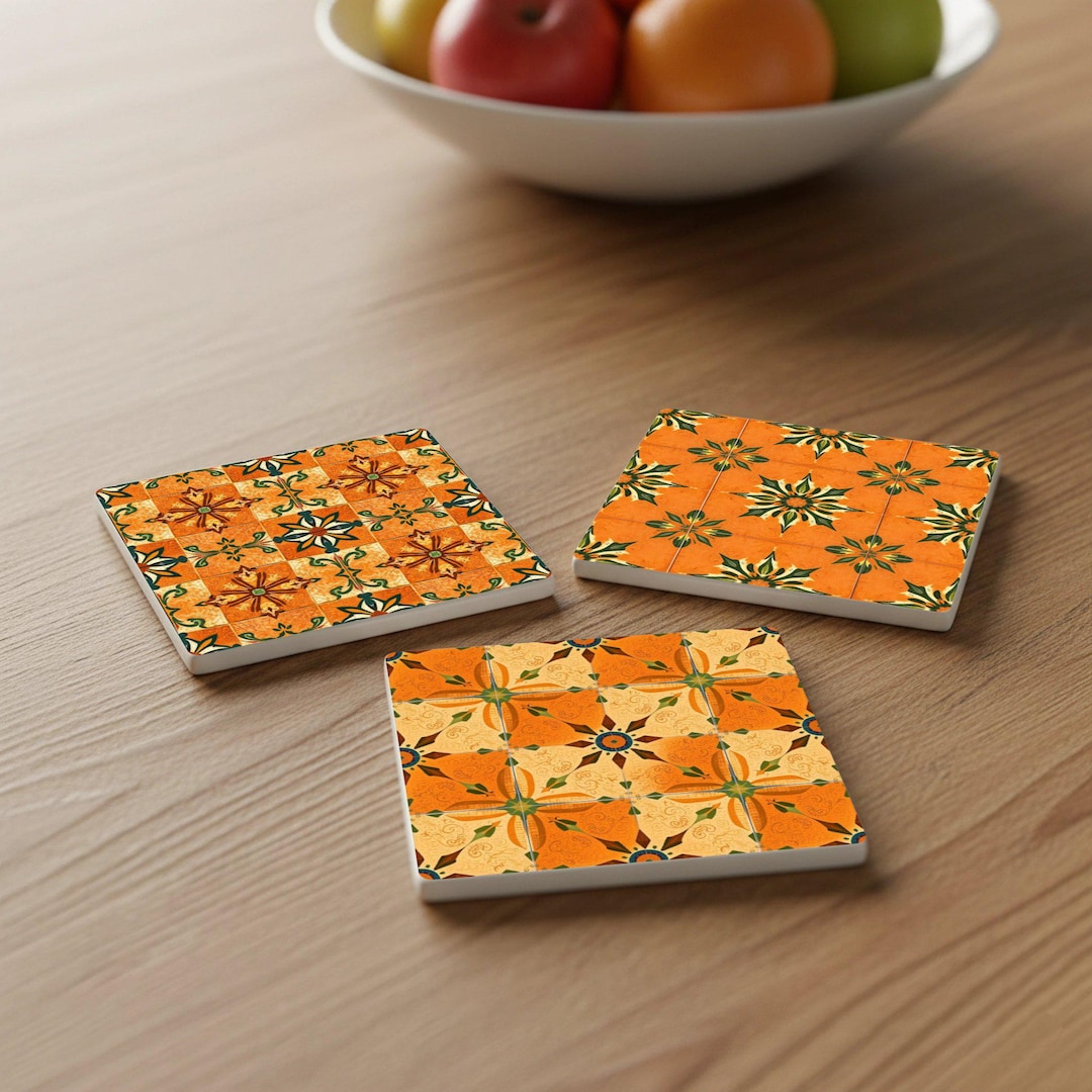 Tuscan Tile Ceramic Coaster Set – Rustic Tile Coasters for Table Decor ...