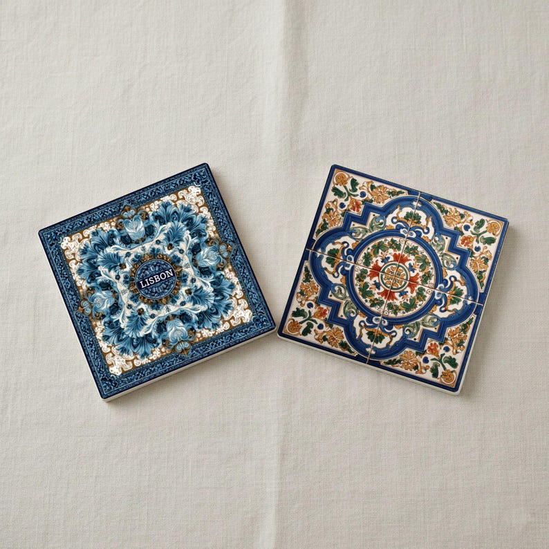 K&ouml;nnte beinhalten: Zwei quadratische Keramikuntersetzer mit aufwendigen Blumenmustern. Einer zeigt ein blau-wei&szlig;es Muster mit dem Wort "LISBON". Der andere hat einen blauen Rand mit orangefarbenen, gr&uuml;nen und wei&szlig;en Blumenmotiven. Auf neutralem Hintergrund.