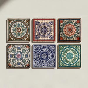 May include: Six square decorative tiles with detailed floral and geometric patterns. The tiles display a range of colours, including blue, green, red, and orange. Each tile has a unique design, creating a visually appealing arrangement. The tiles are likely made of ceramic.