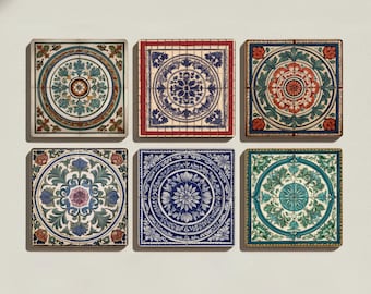 Victorian Tile Ceramic Coaster Set – Encaustic Pattern Coasters with Arts & Crafts Botanical Motifs