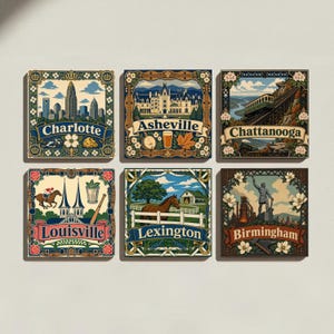 May include: A set of six square decorative tiles featuring colorful illustrations of Charlotte, Asheville, Chattanooga, Louisville, Lexington, and Birmingham. Each tile displays a city name in a banner, surrounded by floral borders and landmarks.