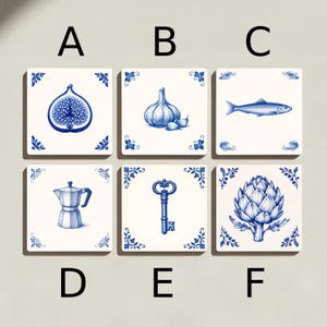 Juego de posavasos de cerámica de Delft – Higo, ajo, pez, cafetera, alcachofa, posavasos de azulejos azules de Delft, decoración holandesa, regalo