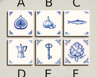 Ensemble de sous-verres en céramique de Delft - Figue, ail, poisson, cafetière, clé, artichaut, bleu de Delft, sous-bocks en carreaux, décoration hollandaise, cadeau