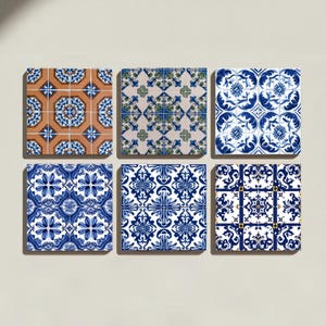 May include: A set of six square ceramic tiles arranged in two rows of three. Each tile features a distinct pattern in shades of blue, white, brown, and green, displaying intricate geometric, floral, and symmetrical motifs across their surfaces.