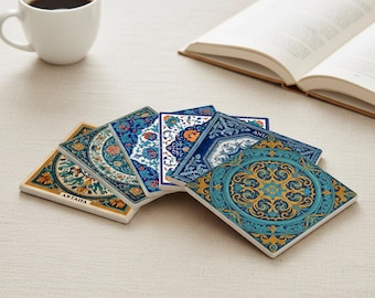 Antalya Ottoman Ceramic Tile Coasters – Iznik-Inspired Mediterranean Floor Motifs as Architectural Tabletop Tiles