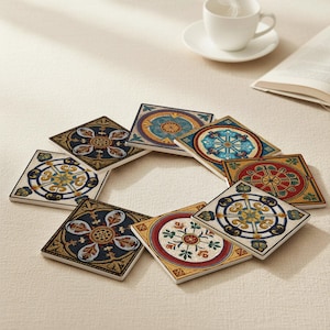 May include: A set of eight square ceramic coasters arranged in a circle. Each coaster features a unique, colorful, and intricate geometric design with shades of blue, gold, red, and green. A white teacup and saucer are in the background.