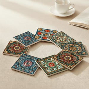 May include: A collection of eight square ceramic coasters with intricate floral and geometric patterns in shades of blue, red, green, and gold. One coaster has the name "SOFIA" on it. A white teacup and saucer are in the background.