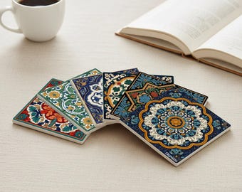 Nasrid Granada Palace Tiles – Andalusian Islamic Ceramic Tile Coasters Inspired by Alhambra Courtyard Ornament