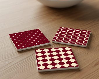 Burgundy Geometric Ceramic Coasters - Mid-Century Modern Table Decor