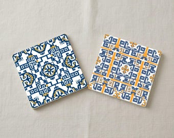 Greek Athens Ceramic Coaster Set – Classical Geometric Tile Coasters for Home & Table Decor
