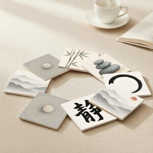 Könnte beinhalten: Ein Set aus acht quadratischen Keramikuntersetzern mit verschiedenen Zen-inspirierten Designs. Die Untersetzer zeigen Bilder von Bambus, gestapelten Steinen, einem Zen-Garten und japanischer Kalligraphie. Die Farbpalette umfasst Grau-, Weiß- und Schwarztöne.