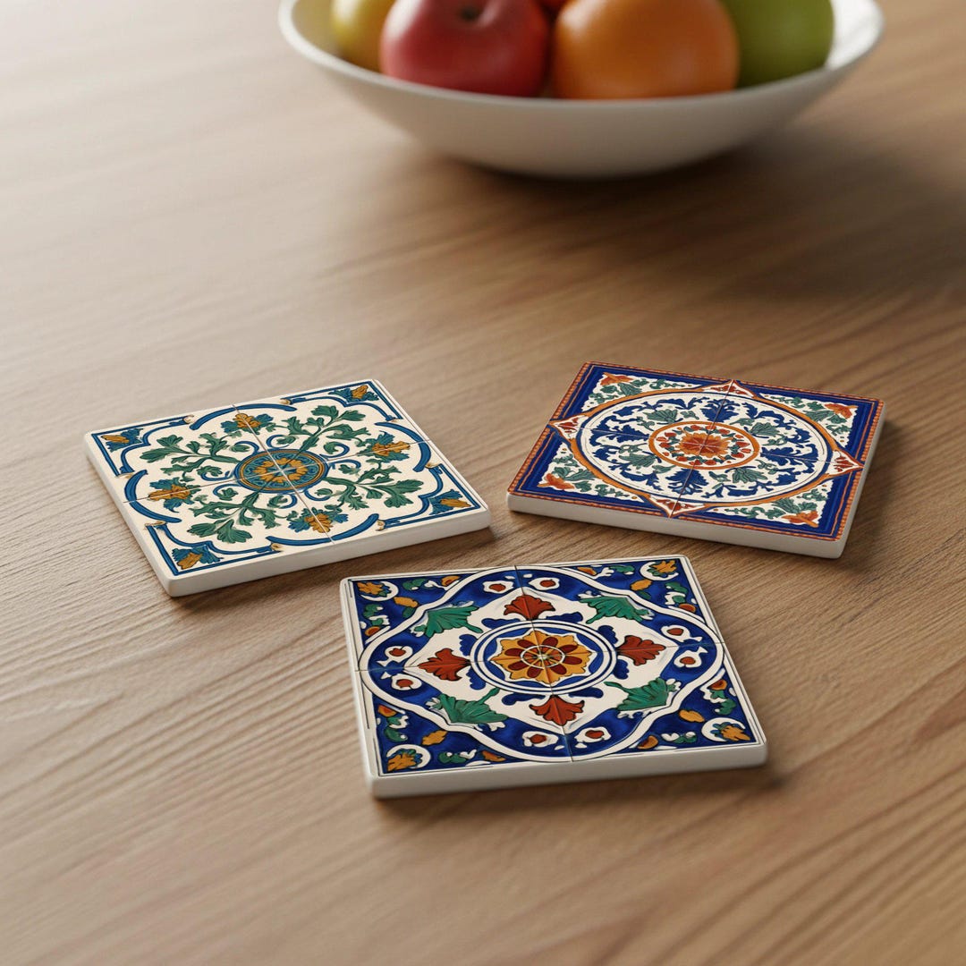 Tiled Coasters Mediterranean Ceramic Tile Coasters – Classic Floral Floor Medallions ...