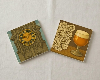 Flemish Town Ceramic Coaster Set – Belgian Tile Coasters, Bruges Belfry & Lace Beer Art, European Table Decor