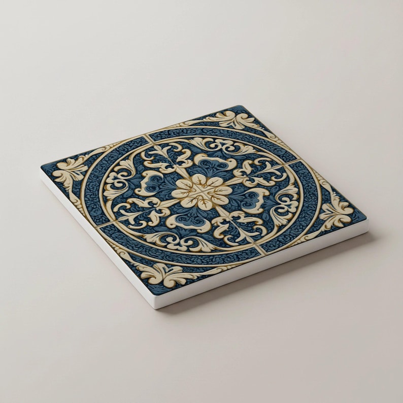 Decorative ceramic tile coasters inspired by traditional Lisbon azulejos for table and home decor