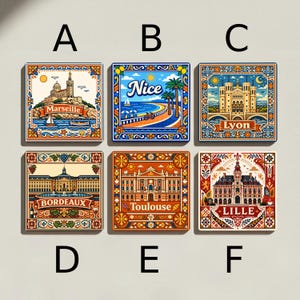 May include: A collection of six square decorative tiles, each featuring a different French city. The tiles showcase colorful illustrations of landmarks and cityscapes, including Marseille, Nice, Lyon, Bordeaux, Toulouse, and Lille. The tiles have ornate borders.