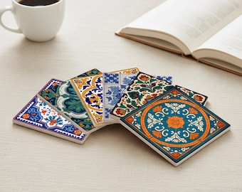 Azulejo Tile Coasters – Mediterranean Iberian Floral Ceramic Coaster Set