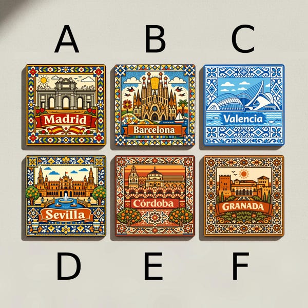 Spain Ceramic Coaster Set – Madrid Barcelona Valencia Sevilla Cordoba Granada Tile Coasters Mediterranean Travel Gift