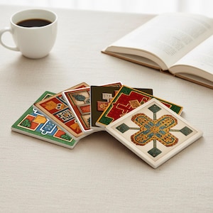 Könnte beinhalten: Eine Sammlung quadratischer Keramikuntersetzer mit aufwendigen, farbenfrohen Designs. Die Untersetzer zeigen Muster in Grün, Rot, Blau und Gold. Eine weiße Kaffeetasse und ein offenes Buch sind ebenfalls zu sehen.