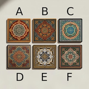 Puede incluir: Seis baldosas decorativas cuadradas con intrincados y coloridos patrones. Cada baldosa presenta un diseño único con un motivo central y bordes ornamentados. La paleta de colores incluye rojos, azules, verdes y dorados, creando una estética vintage.