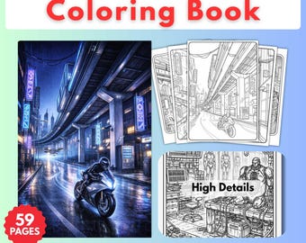 Cyberpunk Neon City Coloring Book, Futuristic Street Scenes (Printable PDF)