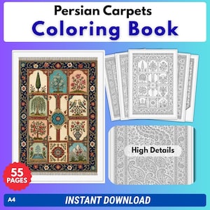 May include: A Persian Carpets Coloring Book featuring 55 pages of intricate rug designs. The cover displays a colorful carpet illustration with floral and tree motifs, while interior pages show black and white line art with high details.