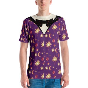 May include: A purple t-shirt with a black bow tie and a pattern of gold stars and moons.