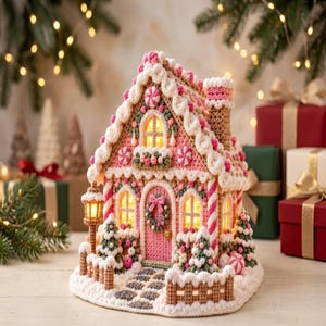 May include: A crocheted gingerbread house featuring pink and white yarn details, a central door with a wreath, arched windows with warm internal lighting, a chimney, and a small fence. The structure is decorated with candy-like accents.