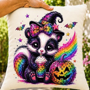 May include: A square throw pillow featuring a colourful illustration of a skunk wearing a witch hat with a leopard print bow, holding a drink, and sitting next to a leopard print jack-o'-lantern, all surrounded by rainbow accents and stars.