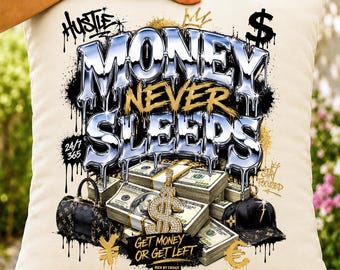 Geld schläft nie PNG, Streetwear Sublimationsdesign, Hustle Kultur Grafik, tropfende Buchstaben png