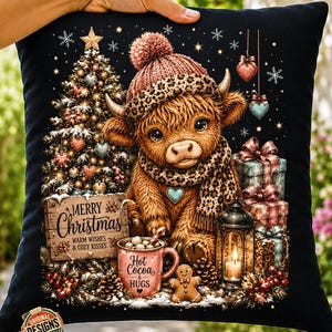 May include: A black throw pillow featuring a fluffy Highland cow wearing a leopard print hat and scarf. The scene includes a decorated Christmas tree, a mug labeled Hot Cocoa & HUGS, a gingerbread man, gifts, and a sign reading MERRY Christmas.