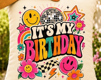 Retro Birthday PNG, Groovy Disco Smiley Shirt Design (Digital Download)