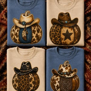 May include: Four crewneck sweatshirts in blue and beige featuring graphic prints of pumpkins wearing cowboy hats. The designs include patterns like leopard print, cowhide, stars, and paisley, accented with turquoise stones and feathers.