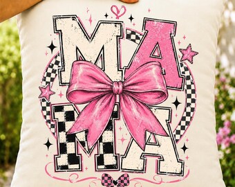 Mama Coquette PNG Sublimation Design, Checkered Mama with Pink Bow, Distressed Mom Graphics