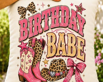 Birthday Babe PNG, Cowgirl Shirt Design, Leopard Pink Western Sublimation, Retro Cowboy Boots PNG