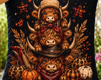 Fall Highland Cow PNG, Western Autumn Clipart, Sublimation Pumpkin DTF Design