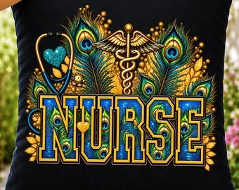 Nurse PNG, Peacock Sublimation Design, Medical Caduceus DTF Transfer Clipart Digital Download