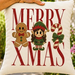 May include: A cream-coloured square throw pillow featuring the red distressed text MERRY XMAS. The design includes a brown gingerbread man, a cartoon elf in a green and red outfit, and a red and white striped candy cane with a green bow.