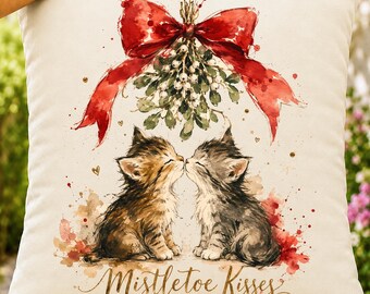 Christmas Cat PNG, Watercolor Mistletoe Kisses Sublimation Design, Holiday Kitten Clipart
