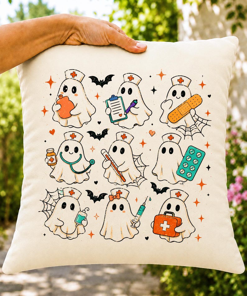 May include: A square off-white throw pillow featuring a repeating pattern of nine cartoon ghosts dressed as nurses. The ghosts hold medical items like a clipboard, thermometer, syringe, and first aid kit, accented by small bats, hearts, and stars.