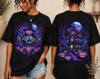 Neon Halloween PNG, Haunted House Sublimation Design for DTF,  Vibrant Cyber Occult Digital Art